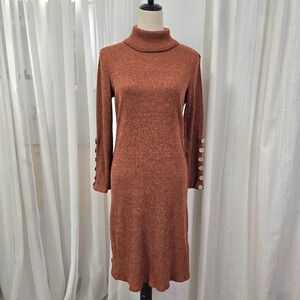 Tacera Burnt Orange Ribbed Knit Turtleneck Fall Dress Size M Long Sleeve Buttons